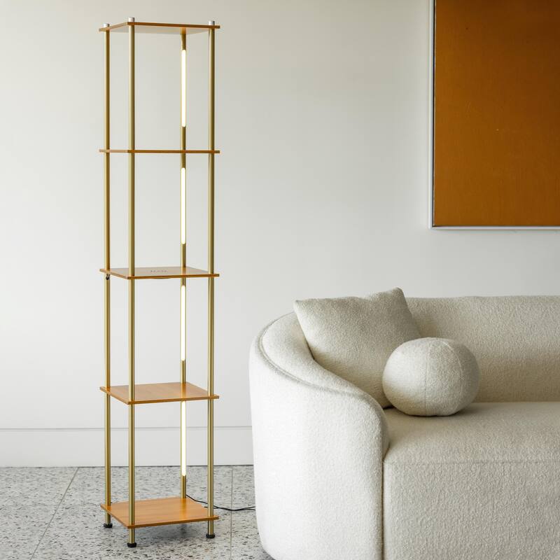 Brightech Aria 63 in. Antique Brass Mid-Century Modern 4-Light 3-Way Dimming LED Floor Lamp with Built-In Wireless Charging Pad