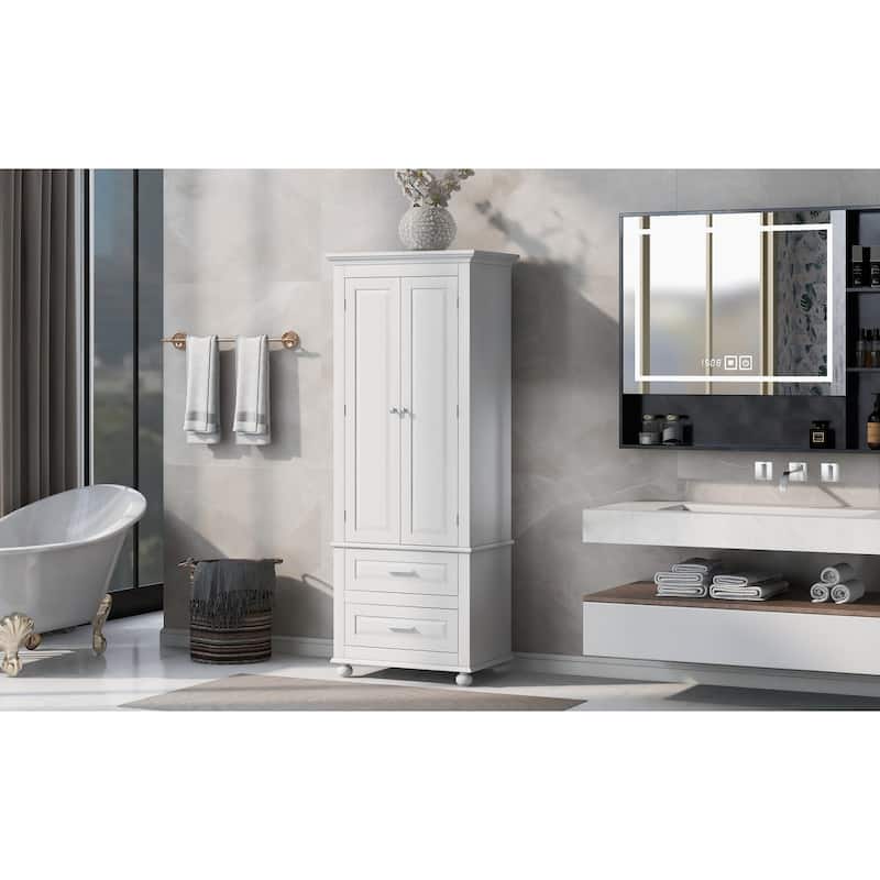 Floor Standing Bathroom Cabinet 62.50" H Wooden Bathroom Cabinet with 2 Drawers 2 Door Vertical Bathroom Organizer Cabinet