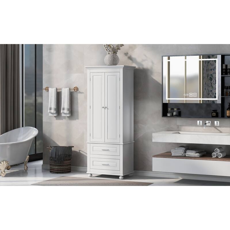 Roomfitters Tall Storage Cabinet with 2 Drawers for Bathroom or Office Freestanding Painted MDF Frame