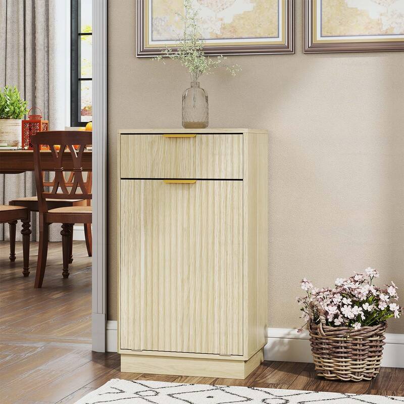 Tilt-Out Trash Can Cabinet with Wave-Textured Hideaway Drawer and Pull-Out Bin,for Living Room - Natural