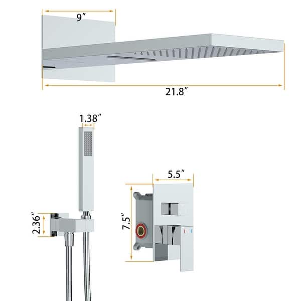dimension image slide 1 of 3, GIVINGTREE Deluxe 22" Wall Mounted Waterfall Rain Shower System (valve Included)