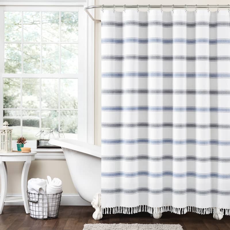 Lush Decor Stripe Woven Textured Yarn Dyed Cotton Shower Curtain - Blue & White