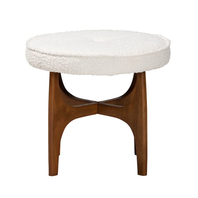 Theo Japandi Cream Boucle Fabric and Walnut Brown Finished Rubberwood Ottoman Footstool