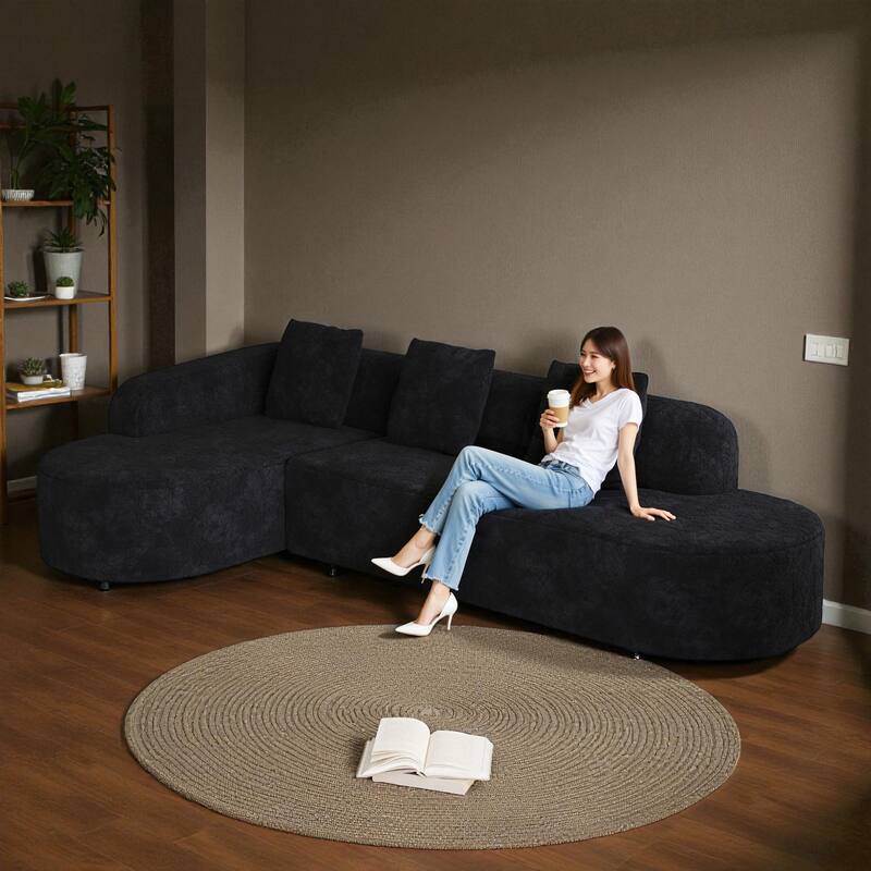 111.8" Modern Curved Modular Sectional Sofa Upholstered in Lychee-Textured Long-Pile Polyester with 3 Pillows for Living Room
