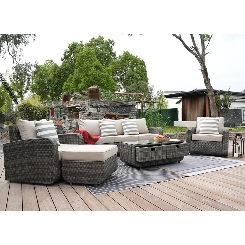 5-Pieces Classical Handwoven Rattan Sofa Set with Storage Table