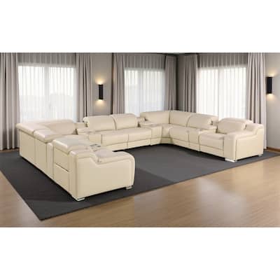 HomeRoots Beige Italian Leather Power Reclining U Shaped Twelve Piece Corner Sectional With Console