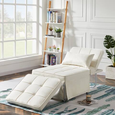 Modern Velvet Multi-function Folding Ottoman Sofa Bed Metal Frame Support Sleeper Chair with Adjustable Backrest and Wheel