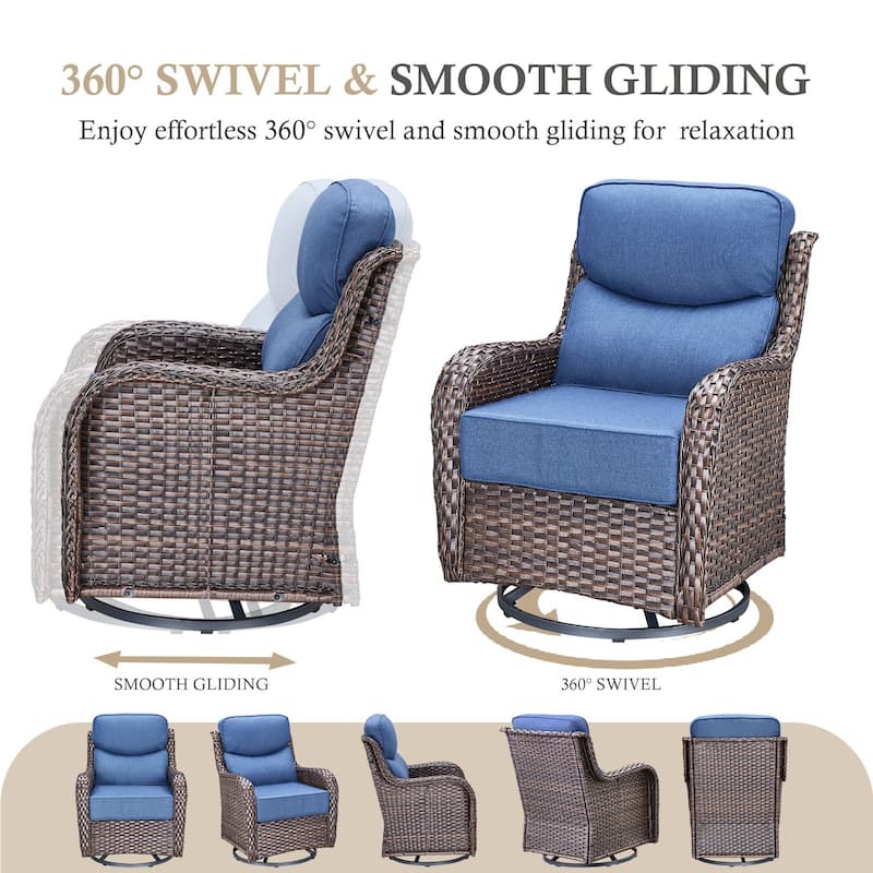 Arcadia 5-Piece Wicker Patio Set with 4 Swivel Glider Chairs and Square All-Iron Fire Pit