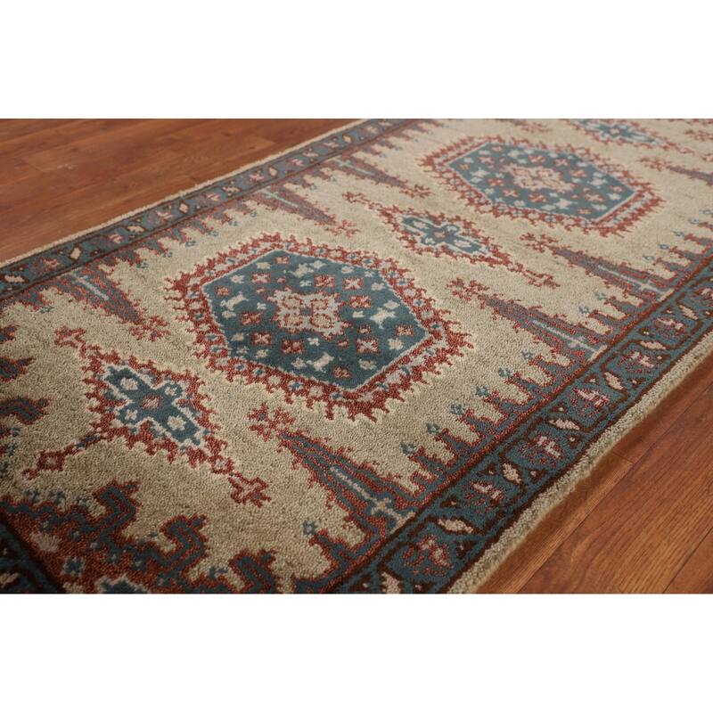 Geometric Viss Indian Runner Rug Handmade Wool Carpet - 2'6"x 9'9"