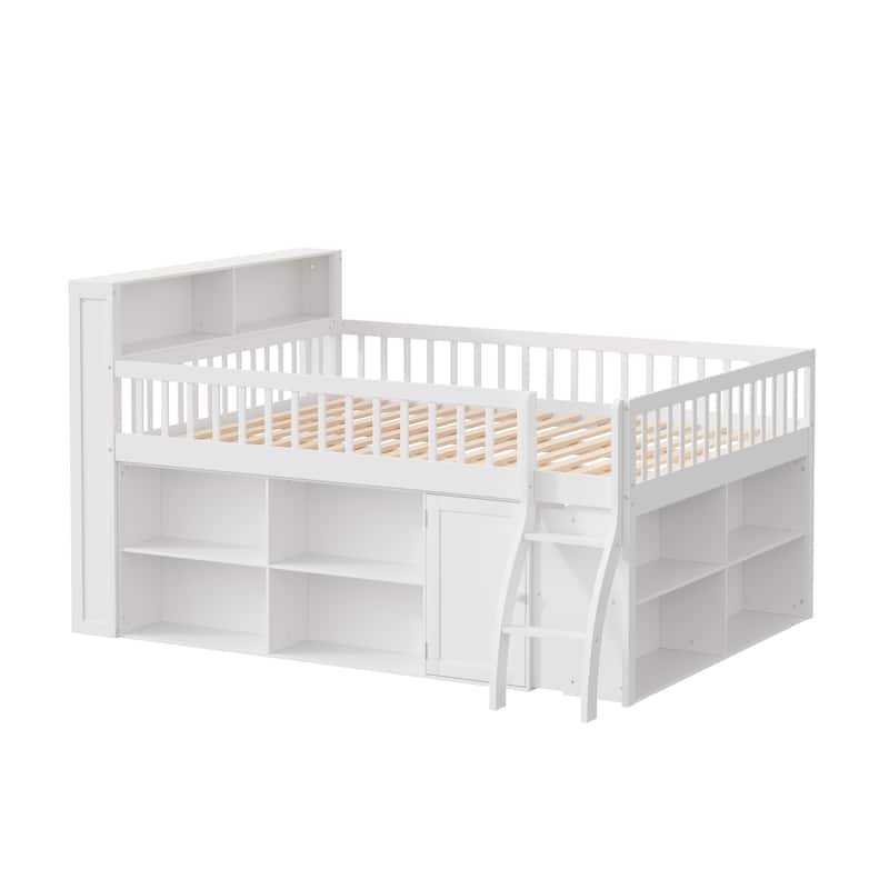 Kids Storage Low Loft Bed with LED Headboard Light, Dual Side Storage Shelves and Space Saving Under-Bed Storage