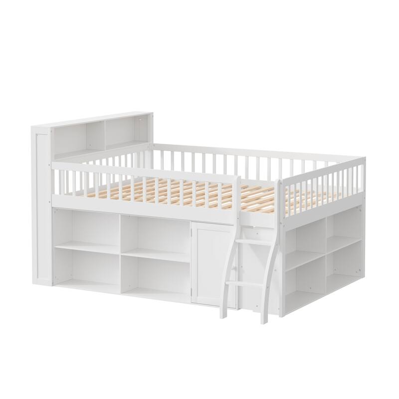 Storage Loft Bed with LED Headboard, Queen or Full Size High Sleeper Frame with Shelves