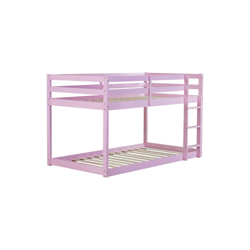 Wooden Twin over Twin Floor Bunk Bed with Ladder ,Upper and Bottom Bed Platforms