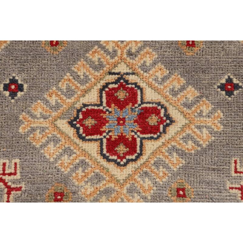 Gray Geometric Kazak Accent Rug Hand-Knotted Wool Carpet - 2'8" x 4'1"