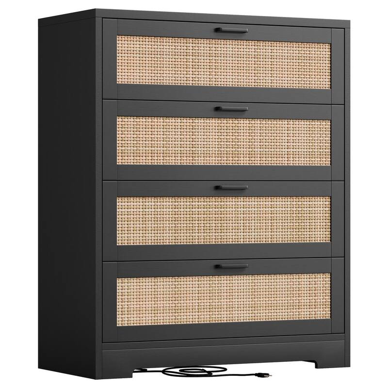 4/5 Drawer Rattan Dresser for Bedroom, Wood Dresser Chest of Drawers with Power Outlets