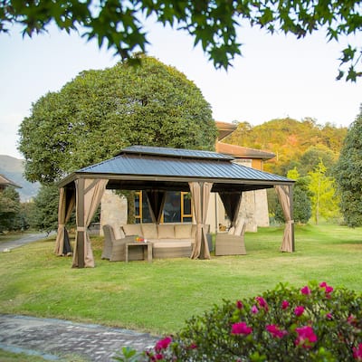 12' x 20' Outdoor Brown Aluminum Hardtop Gazebo with Galvanized Steel Double Roof with Curtains and Netting