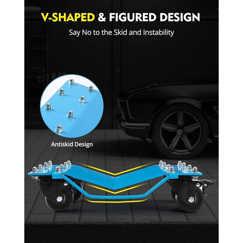 2-Pack Heavy-Duty Car Wheel Dollies 2000-lb Capacity Each 360Degree Rotational Casters with Brake Blue