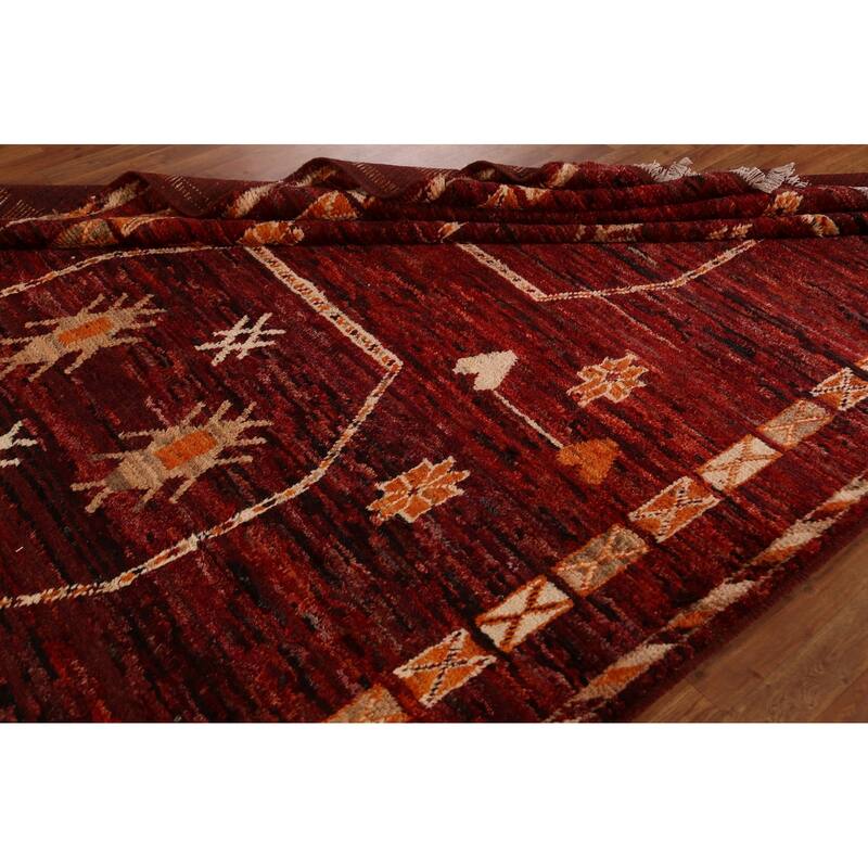 Hand Knotted Oriental 100% Wool Carpet Modern Tribal Red Moroccan Area Rug - 9' 10'' X 7' 0''