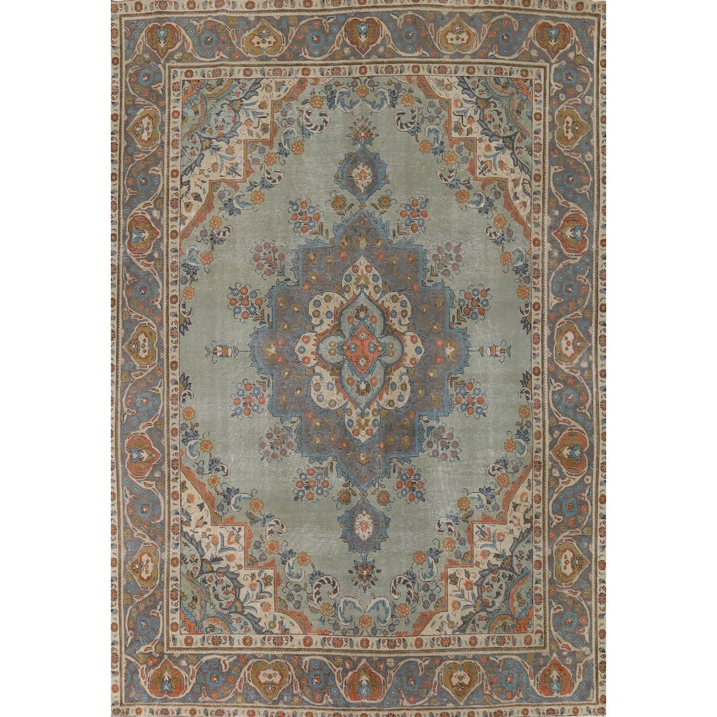 Green Tabriz Vintage Persian Area Rug Hand-Knotted Wool Carpet - 9'7" x 12'9"
