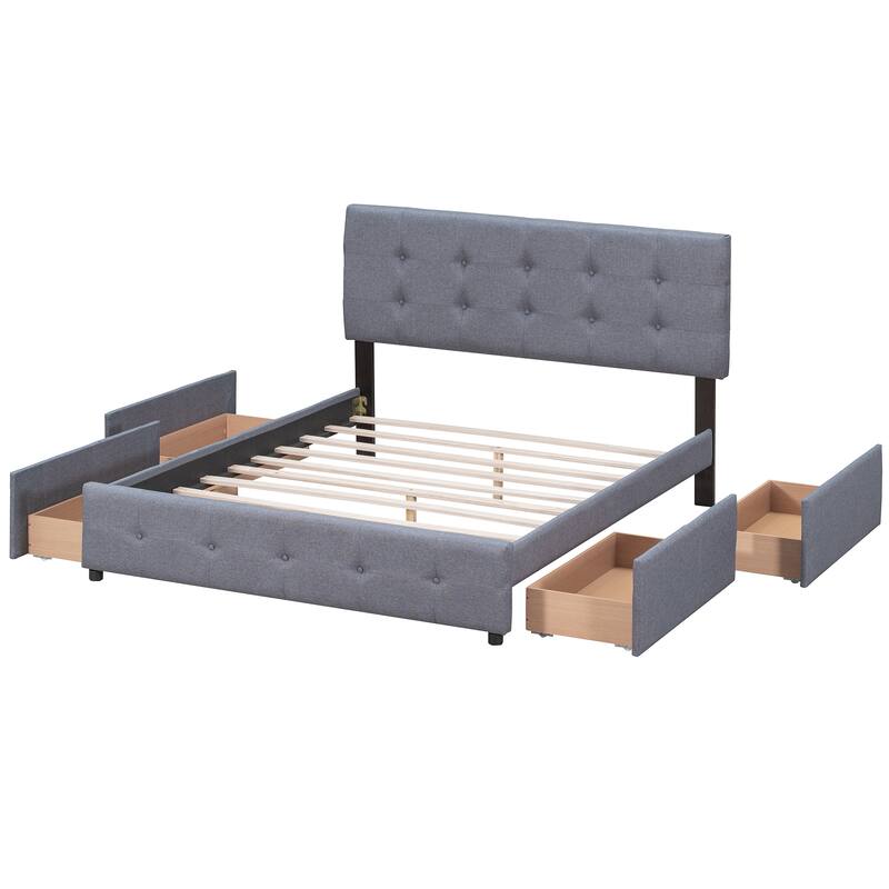 Dark Grey Tufted Design Upholstered Bed Queen Size Platform Bed with 4 Storage Drawers, No Box Spring Needed Slats Bed Frame