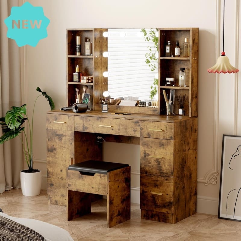 55.7" Dressing Table with LED Lights, Storage Shelves & Stool, Drawers - Brown