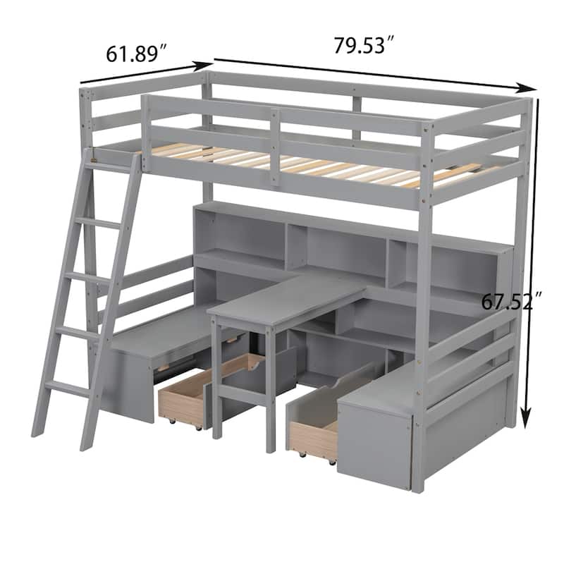 Twin Loft Bed With Storage Shelves,Drawers,Seat And Desk