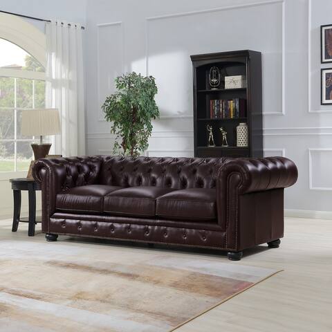 Copper Grove Kasama Chesterfield Brown Leather Sofa - 95"W x 40.5"D x 30.5"H