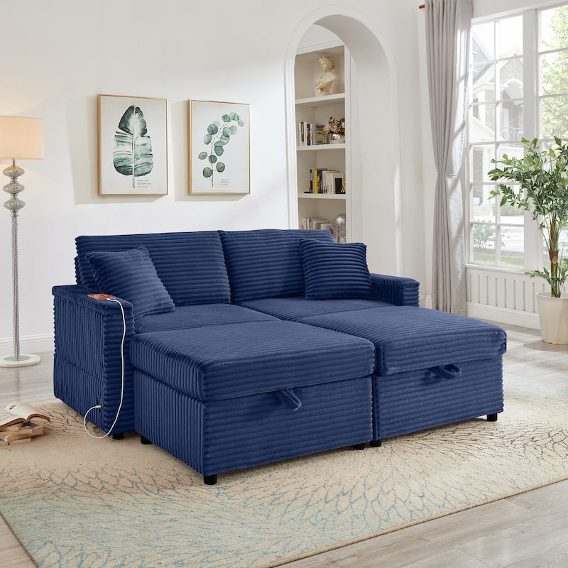 Modular Chaise Sleeper Sofa Bed, Corduroy Loveseat Couch & Storage Ottomans Set with Folding Table Boards and USB Ports