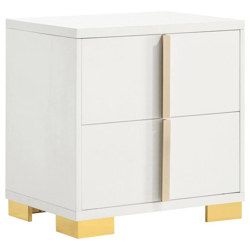 Modern White 2-Drawer Nightstand with Gold Metal Accents, Art Deco Geometric Detailing, Smooth Glide Storage