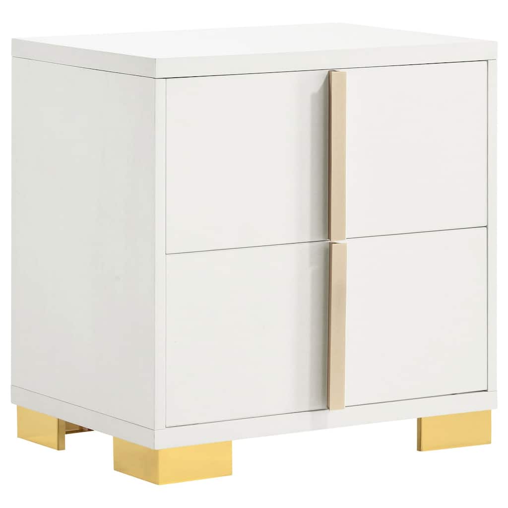 Modern White 2-Drawer Nightstand with Gold Metal Accents, Art Deco Geometric Detailing, Smooth Glide Storage
