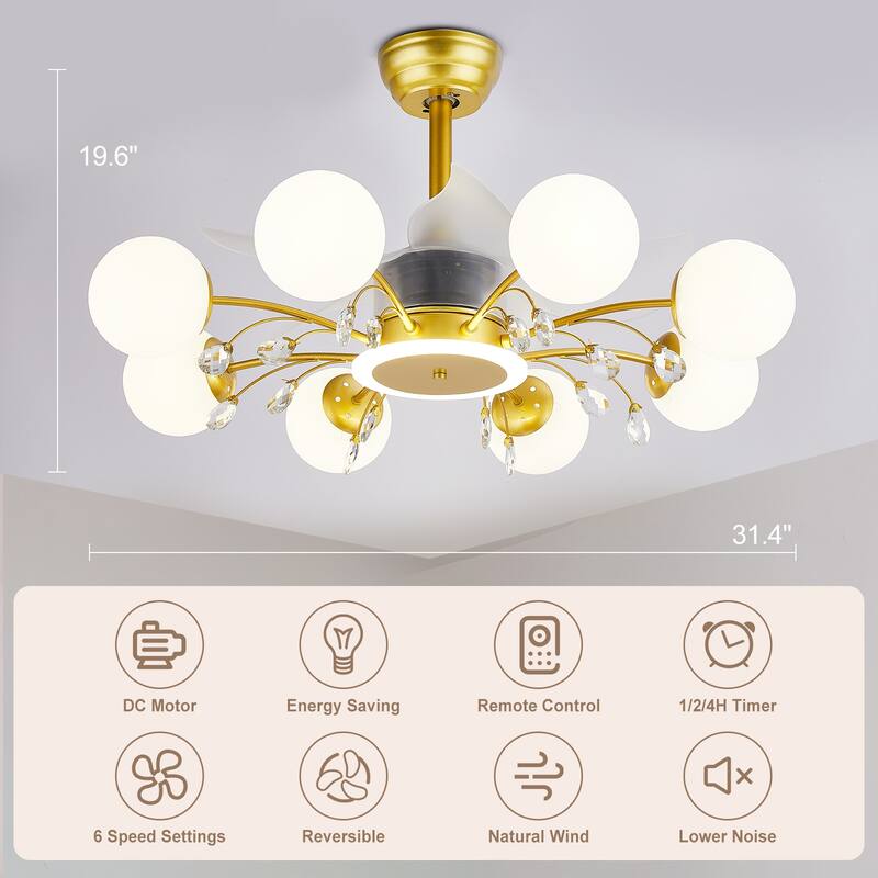 31in. Indoor Gold Modern Ceiling Fan with Light, Reversible Fandelier with Light Bulbs and Remote for Living Room