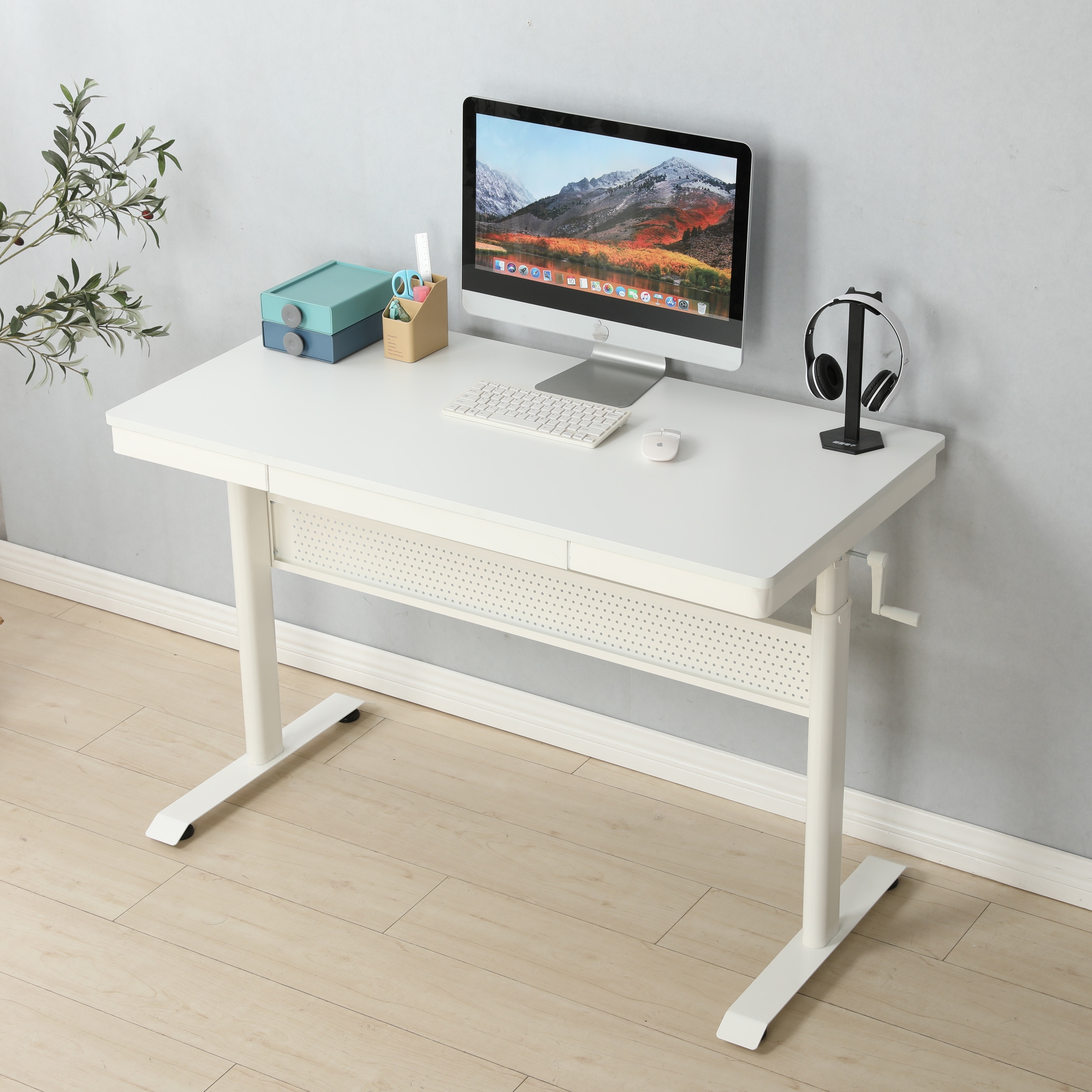 Tempered Glass Standing Desk with Metal Drawer, Adjustable Height Stand up Desk, Sit Stand Home Office Desk