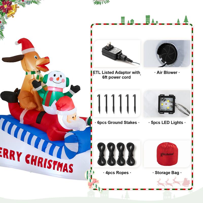 Glitzhome 6FT Lighted Inflatable Skiing Santa, Snowman and Dog Decor - multi