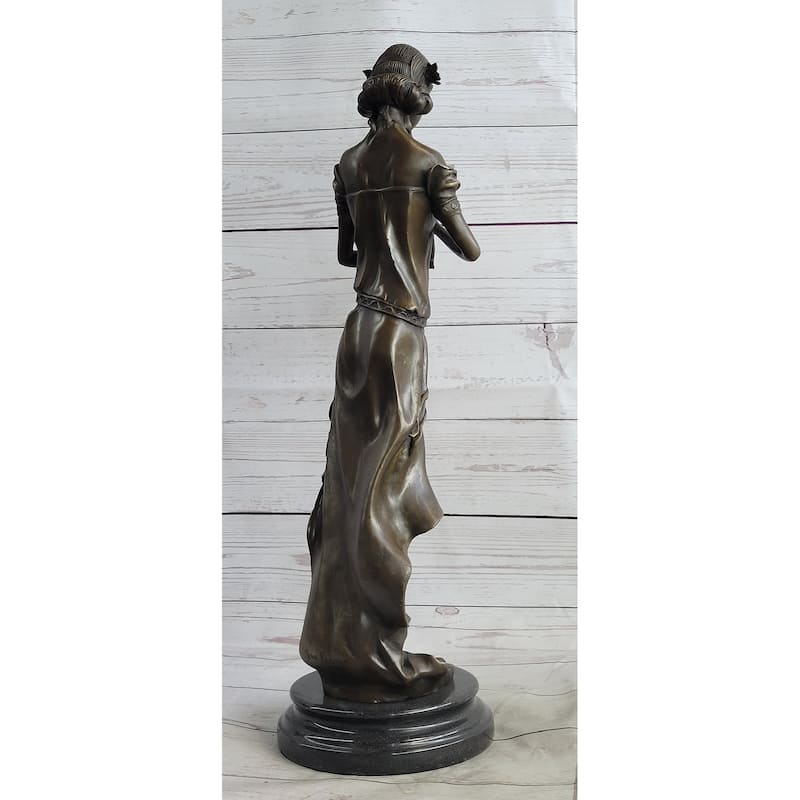 Girl Playing The Flute Female Musician Bronze Sculpture Statue Figure On Marble Base