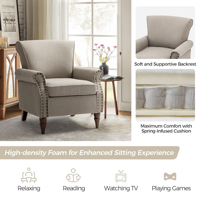 Nyctelius Upholstered Comfy Accent chair with Classic Turned Wooden Legs and Nailhead Trim by HULALA HOME