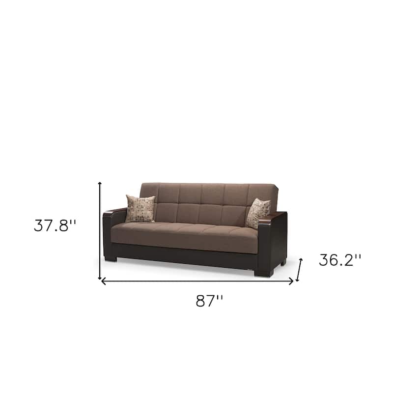 HomeRoots 87" Brown Chenille And Faux Leather Convertible Futon Sleeper Sofa And Toss Pillows With Storage