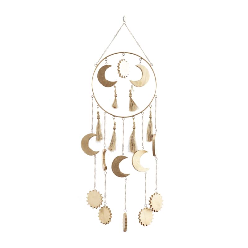 Mango Wood Sun and Moon Indoor Outdoor Windchime with Tassels - Gold - Roche River Decor