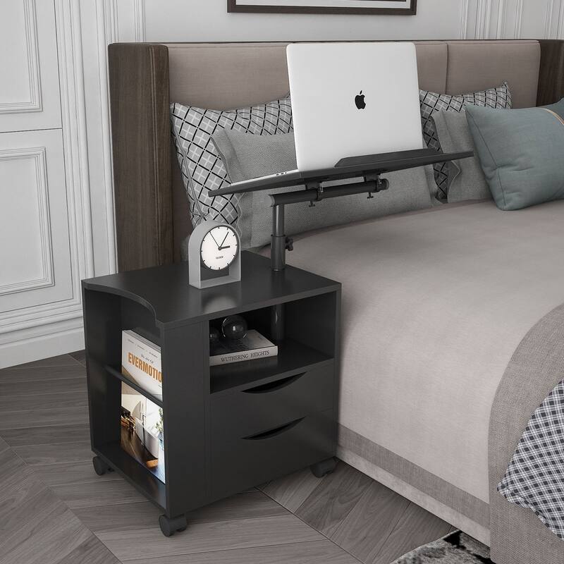 Height Adjustable Overbed Wooden Nightstand with Swivel Top Bed Bath