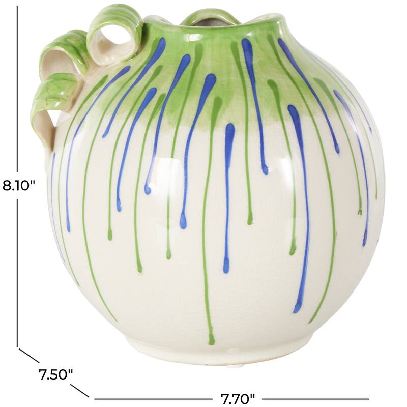 White Ceramic Abstract Decorative Vase with Green and Blue Drip Design and Handle