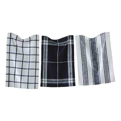 Classic Dishtowel Set Of 3 Check Stripe Window Pane Black Cotton Yarn Dye Slub Weave Enzyme Wash Machine Wash 26L x 18W