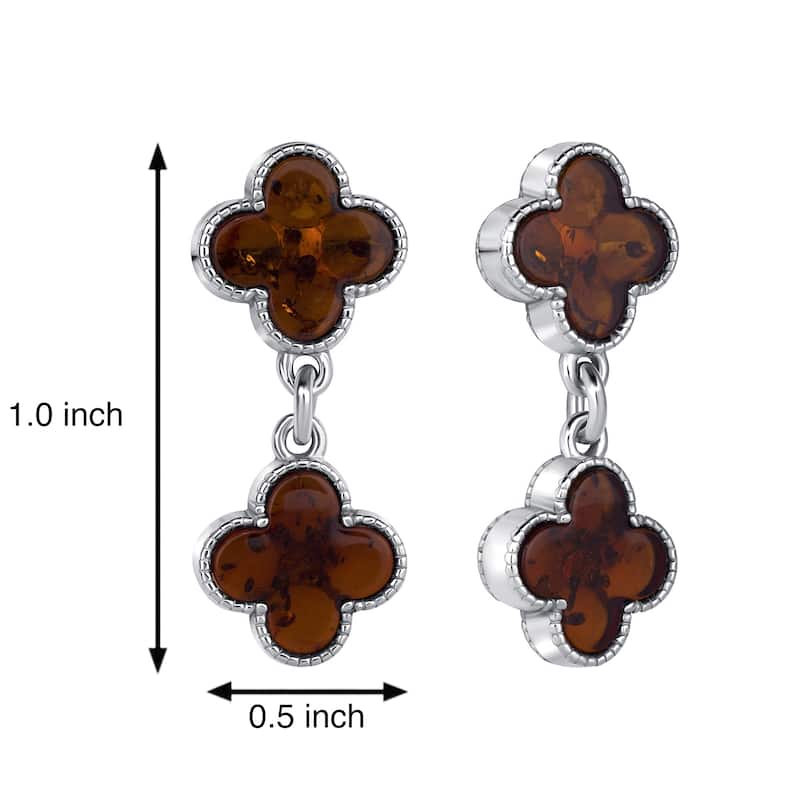 Baltic Amber Four Leaf Clover Earrings in Sterling Silver