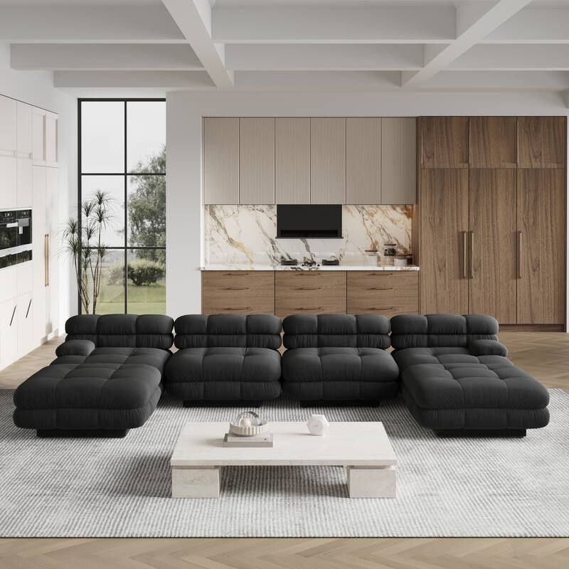 146" Convertible Modular Sectional Sofa, U-Shaped Luxury Modern 6-Seat Couch Sectional with Chaise Ottomans for Living Room - Black