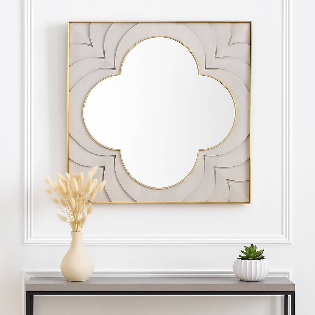 Decorative Large Square Wall Mirror - Wood and Brass Frame -35", Ivory - 35.0"