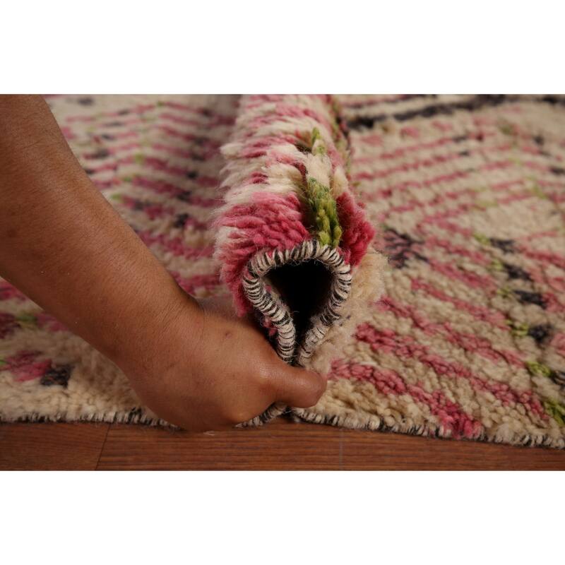 Beige & Pink Moroccan Oriental Area Rug Handmade Wool Carpet - 9'0" x 12'7"