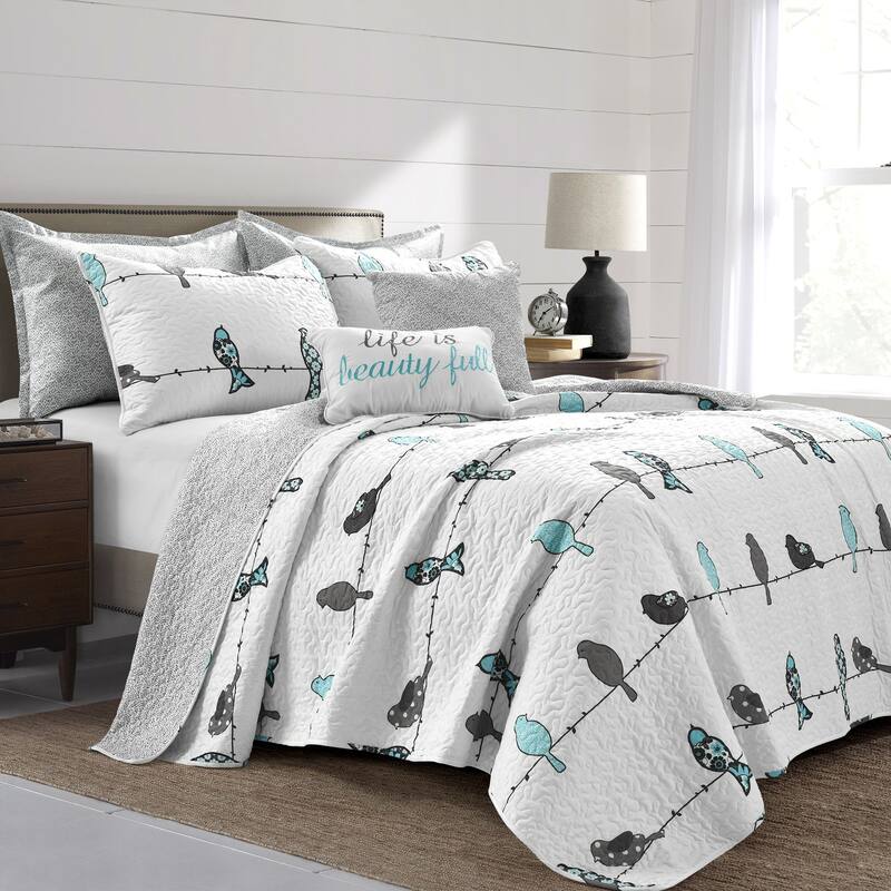 Lush Decor Rowley Birds 7 Piece Quilt Set - Blue & Gray - King