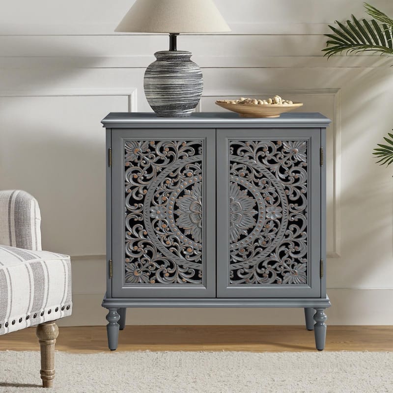 Ismenides Multifunctional 32" Tall 2-Door Accent Cabinet with Floral Design and Solid Wood Legs by HULALA HOME - GRAY