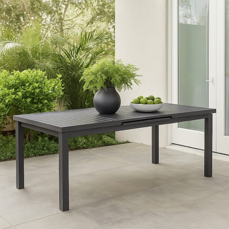 Meta 95 Inch Extendable Dining Table, Gray Aluminum Frame, Plank Style Top