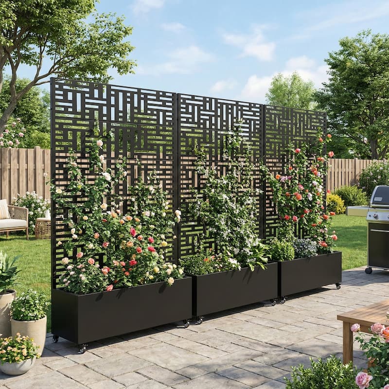 Metal Planter Box with Trellis Privacy Screen Planter Box with Lockable Wheels Set of 2