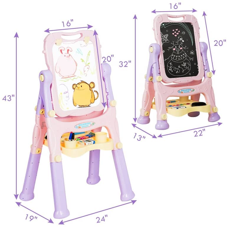Kids Height Adjustable Double Side Magnetic Art Easel-Purple - 24" x 19" x 43"(L x W x H)