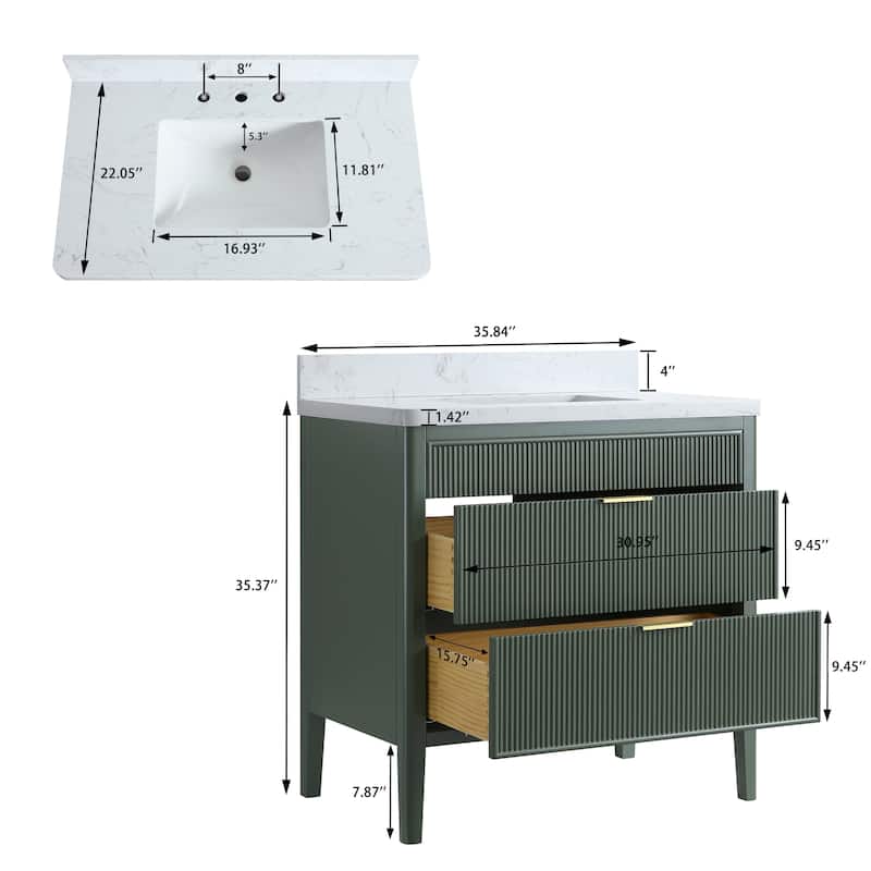 Modland 36" Freestanding Bathroom Vanity with Carrara Marble Top, Soft-Close Drawers, Fully Assembled, Green/Grey - 36 inch