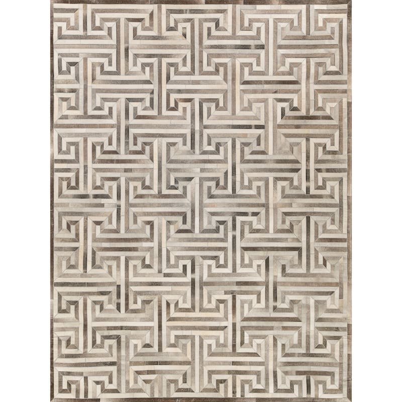 EXQUISITE RUGS Natural Hide Hand-stitched Leather Hide Grey/Ivory Area Rug.